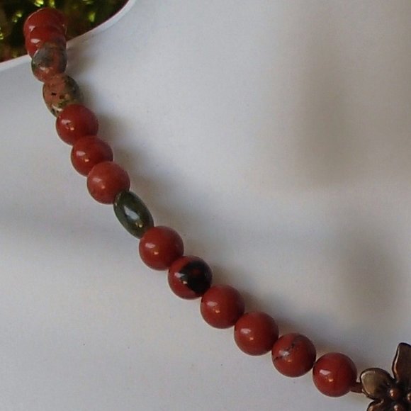Jasper Unakite Copper Necklace Earrings Set Overlapping Discs Beads Flower Clasp - Picture 8 of 11